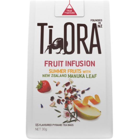 Ti Ora Fruit Infusion tea package with fruit illustrations on a white background