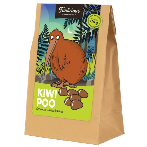 Bag of Sweets Kiwi Poo Chocolate Raisins 100g novelty confectionery from New Zealand.
