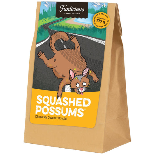 Bag of Sweets Squashed Possums Coconut Roughs 100g novelty chocolate confectionery from New Zealand.