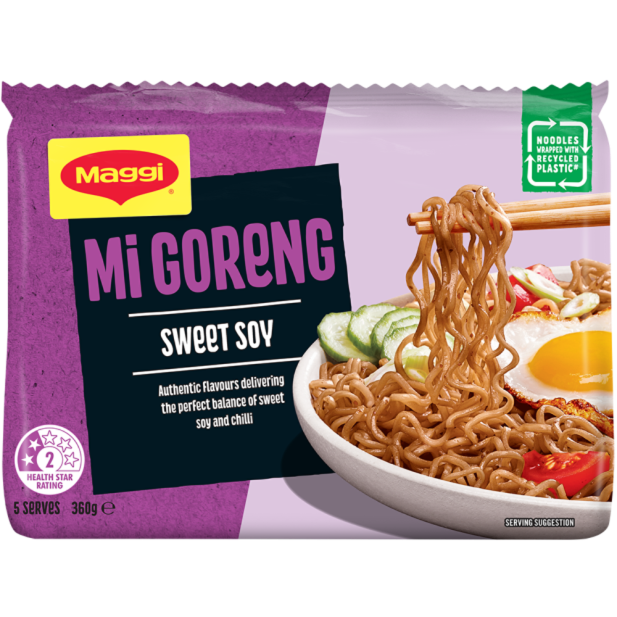 Maggi Mi Goreng sweet soy noodles packaging with a bowl of noodles and ingredients on a white background