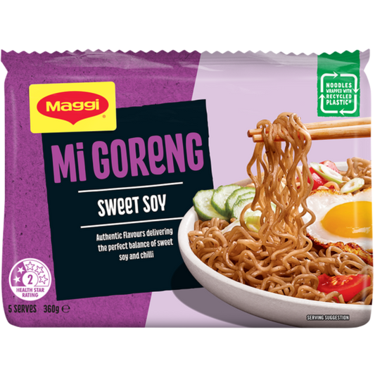 Maggi Mi Goreng sweet soy noodles packaging with a bowl of noodles and ingredients on a white background