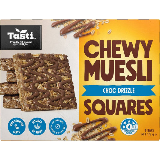 Tasti Chewy Muesli Squares Choc Drizzle 5 pack of nut free school lunchbox friendly oaty snack bars from New Zealand