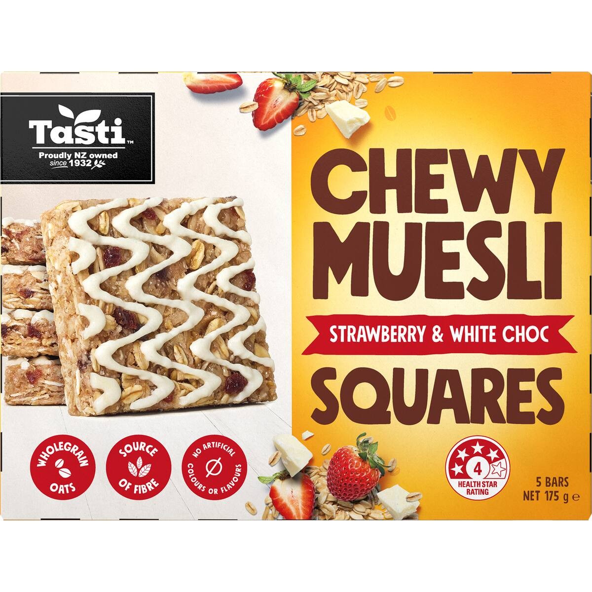 Tasti Chewy Muesli Squares Strawberry and White Choc 5 pack of nut free school lunchbox friendly oaty snack bars from New Zealand