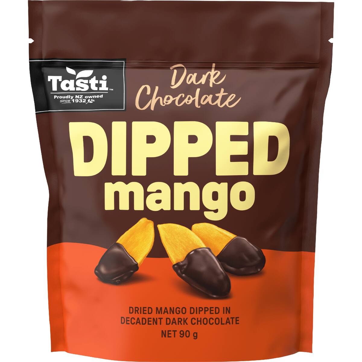 Tasti Dark Chocolate Dipped Dried Mango 90g bag of indulgent sweet fruit snacks from New Zealand
