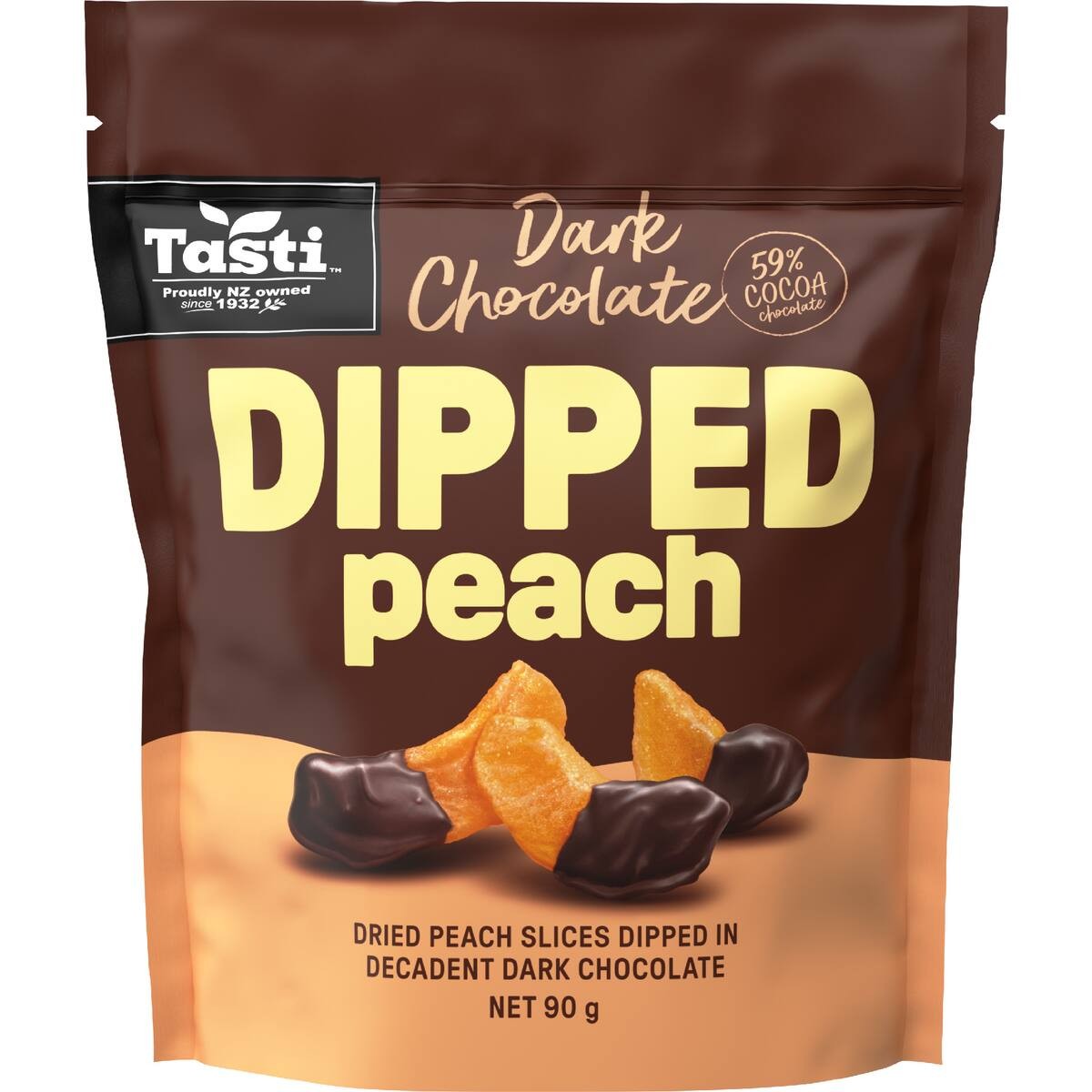 Tasti Dark Chocolate Dipped Dried Peach 90g bag of indulgent sweet fruit snacks from New Zealand