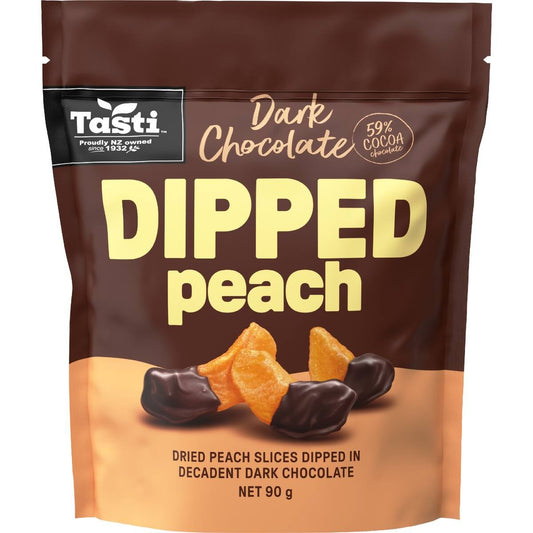 Tasti Dark Chocolate Dipped Dried Peach 90g bag of indulgent sweet fruit snacks from New Zealand