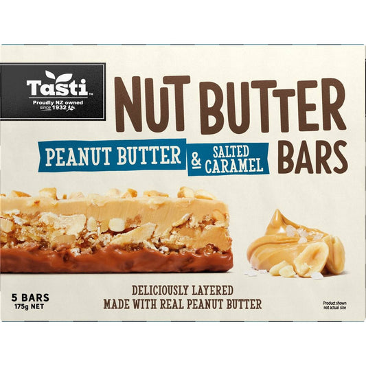 Tasti Nut Bars Peanut Butter and Salted Caramel 5 pack of crunchy Kiwi snack bars from New Zealand