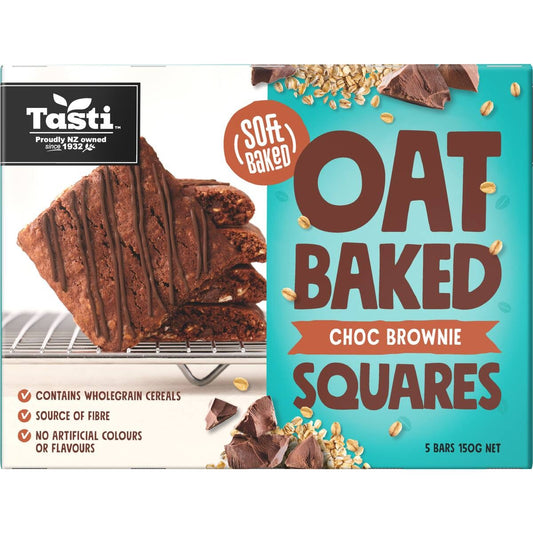 Tasti Oat Baked Squares Choc Brownie 5 pack of soft oven baked school lunchbox friendly oaty snack bars from New Zealand