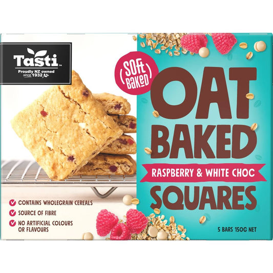 Tasti Oat Baked Squares Raspberry and White Choc 5 pack of soft oven baked school lunchbox friendly oaty snack bars from New Zealand