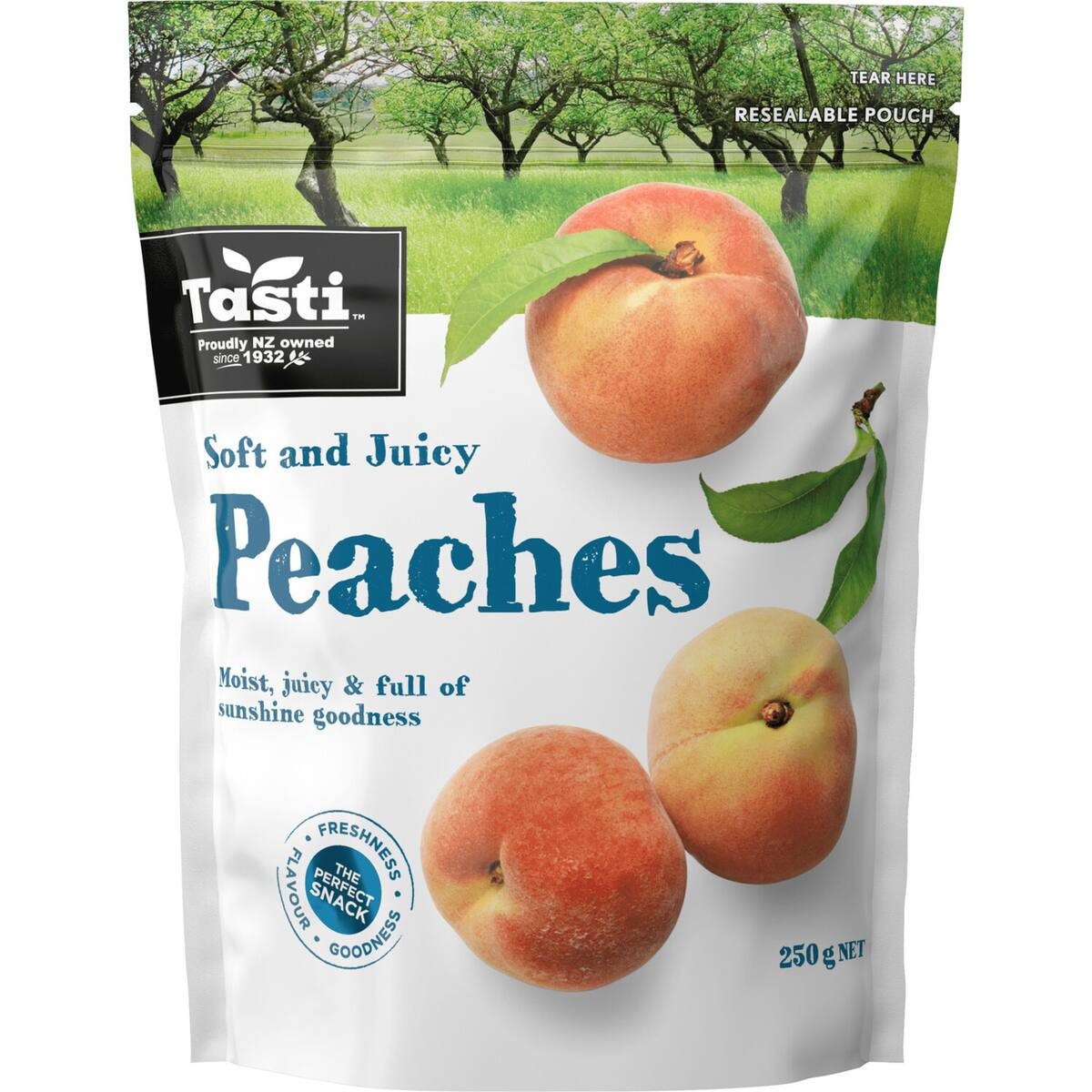 Tasti Ready to Eat Peaches 250g bag of moist and juicy dried fruit from New Zealand