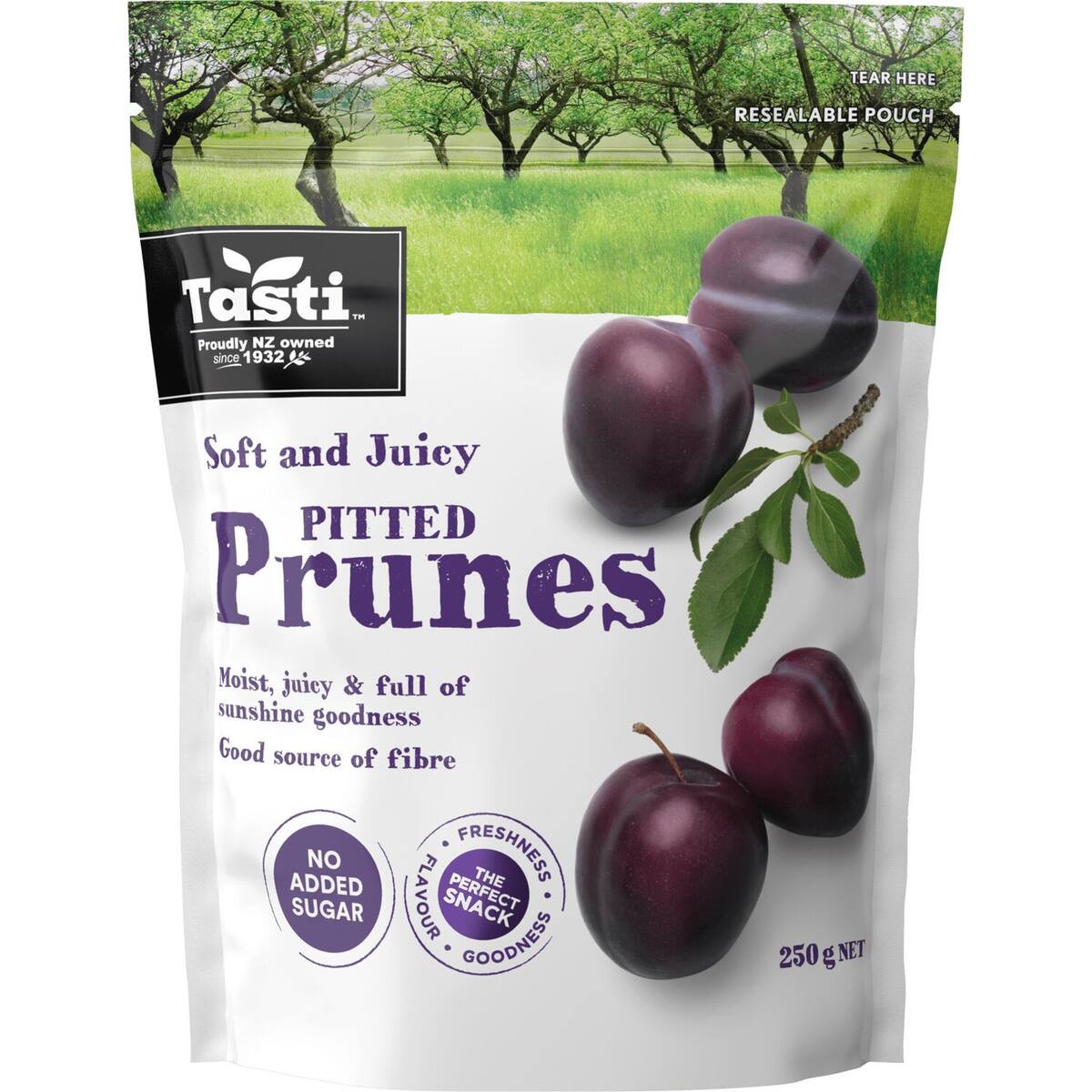Tasti Ready to Eat Pitted Prunes 250g bag of moist and juicy dried fruit from New Zealand