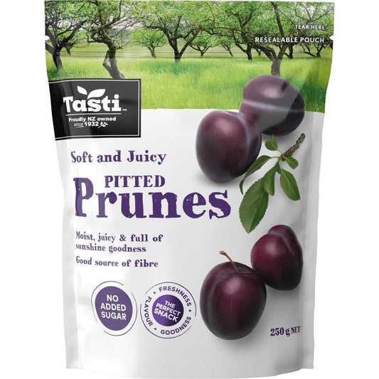 Tasti Ready to Eat Pitted Prunes 250g bag of moist and juicy dried fruit from New Zealand