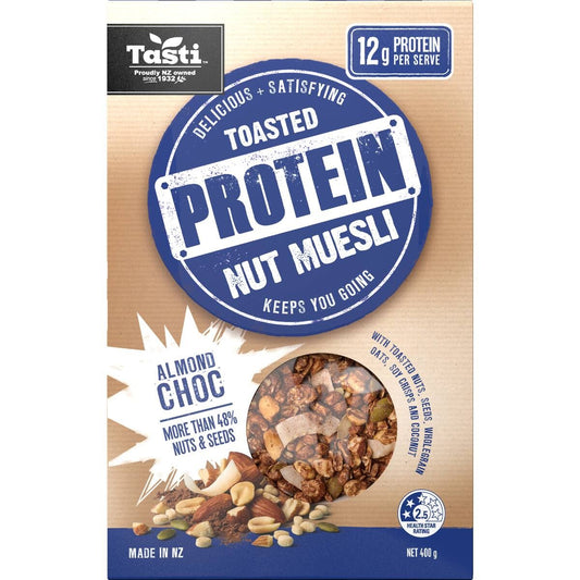 Tasti Toasted Protein Nut Muesli Almond Choc 400g box of high protein crispy breakfast cereal from New Zealand