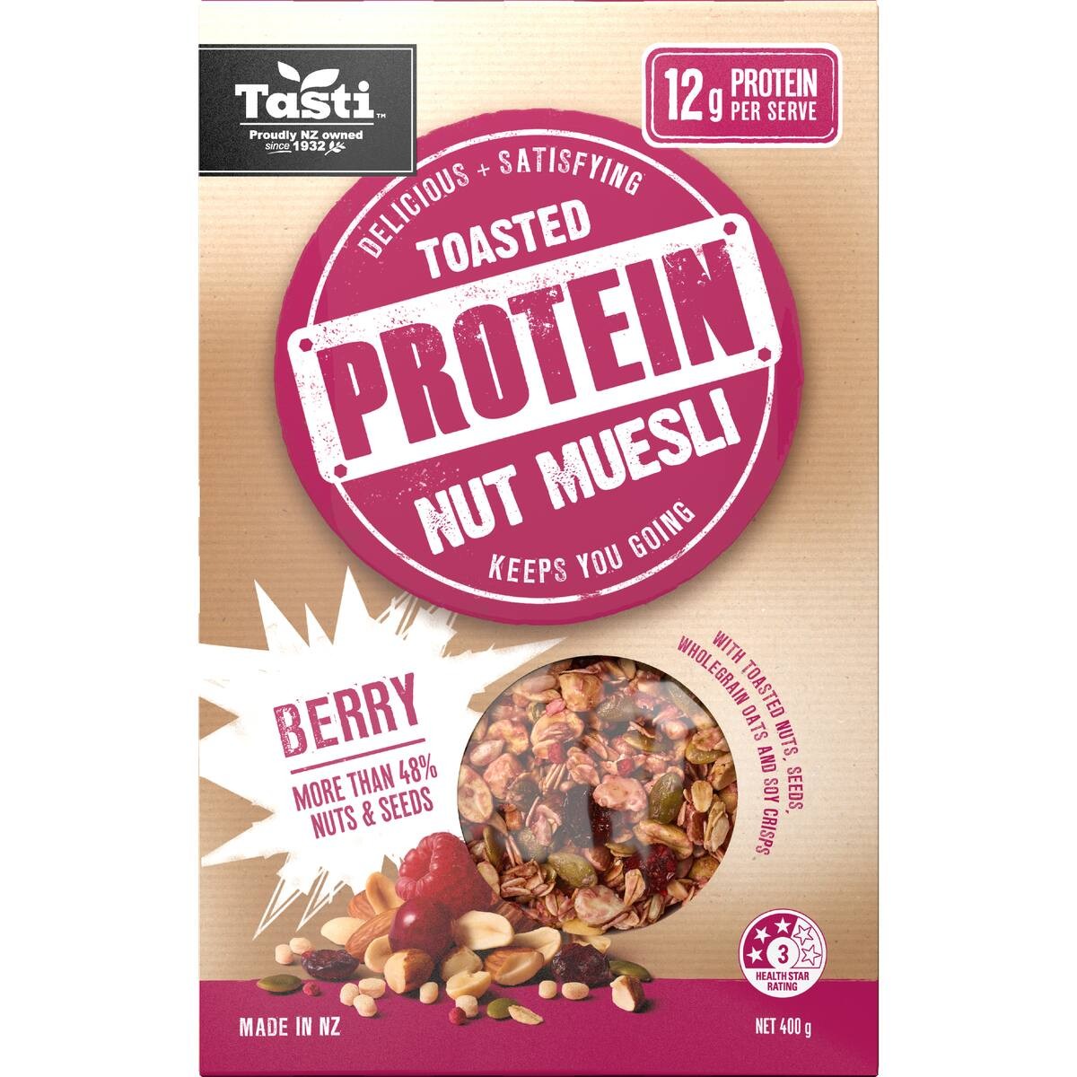 Tasti Toasted Protein Nut Muesli Berry 400g box of high protein crispy breakfast cereal from New Zealand