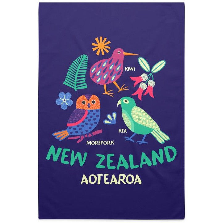 Navy blue cotton tea towel measuring 50cm by 70cm featuring colorful illustrations of New Zealand native birds.