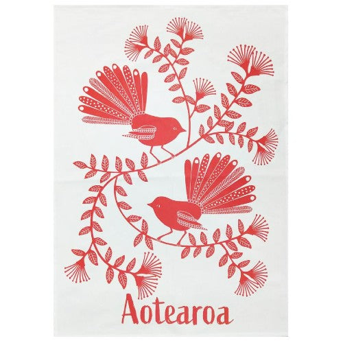 Tea Towel NZ Fantails Red Print