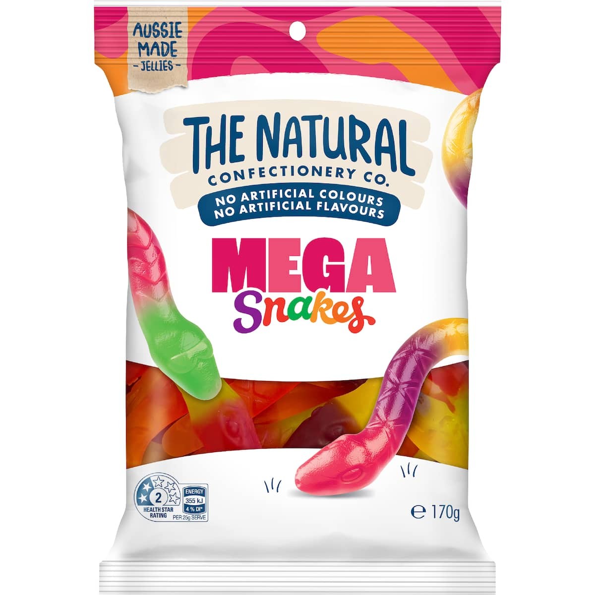 The Natural Confectionery Co Lollies Mega Snakes 170g bag with large fruit flavoured gummy snakes