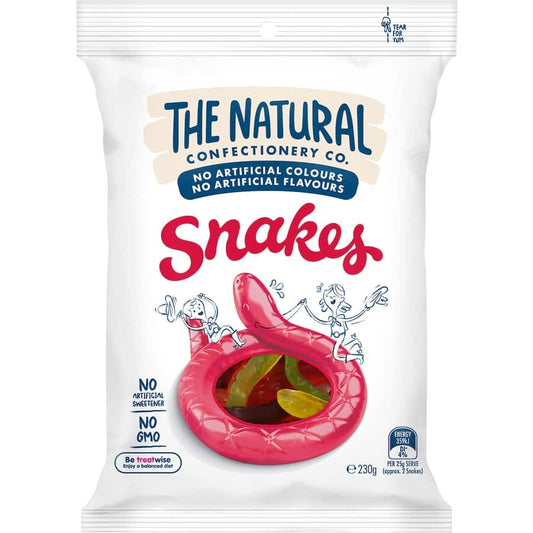 The Natural Confectionery Co Jelly Sweets Snakes 230g bag of soft and gummy fruit flavored worm candies.