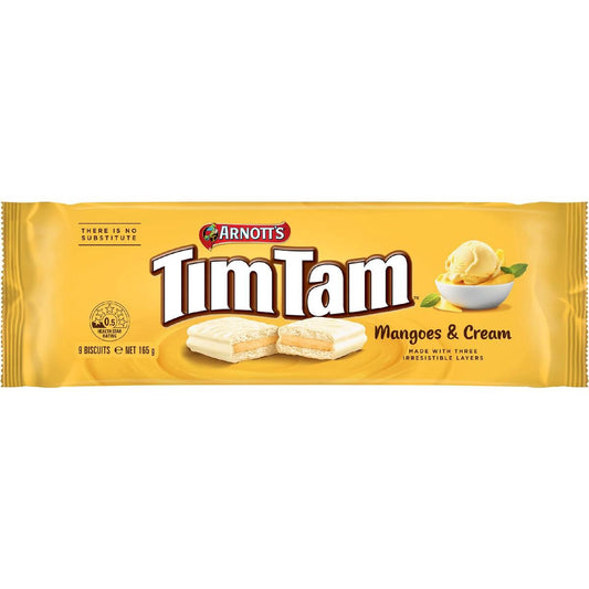Arnott’s Tim Tam Mangoes & Cream biscuits pack white choc mango cream biscuit snack