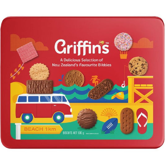 Griffins cookie tin with colorful design and text on a red background