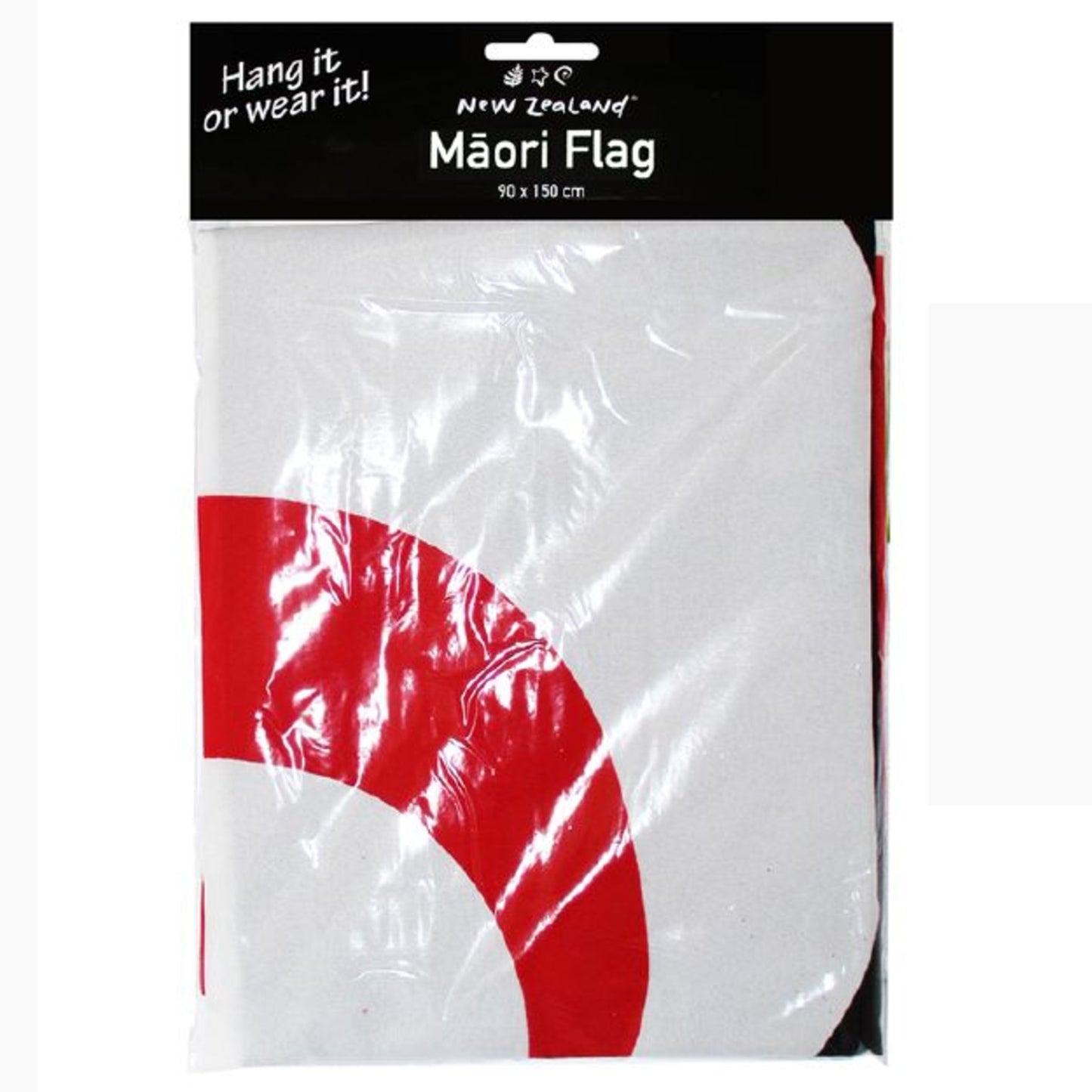 A packaged Mâori flag from New Zealand, shown in clear plastic packaging with a black header card. The flag features a white field with a bold red curved stripe, and the packaging displays the text 'New Zealand Mâori Flag 10 x 150 cm'.