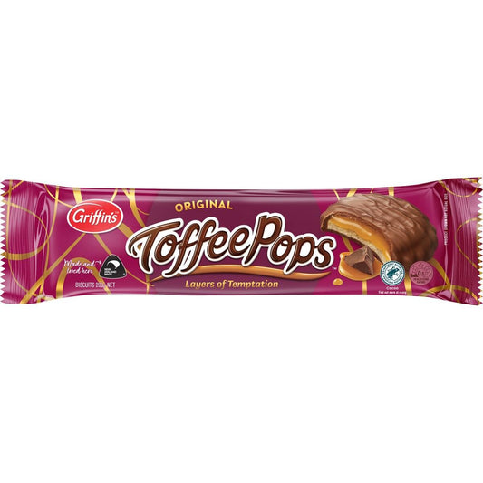 Griffins Toffee Pops Original 200g chocolate biscuits featuring a crisp base with smooth toffee and a milk chocolate coating.