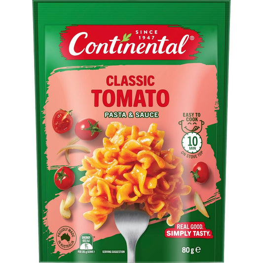 Packaging of Continental Classic Tomato Pasta & Sauce with pasta and tomatoes on a green background