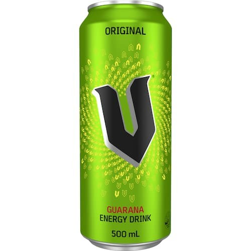 A 500ml can of V Vitalise Original Guarana Energy Drink, the iconic green New Zealand energy booster.