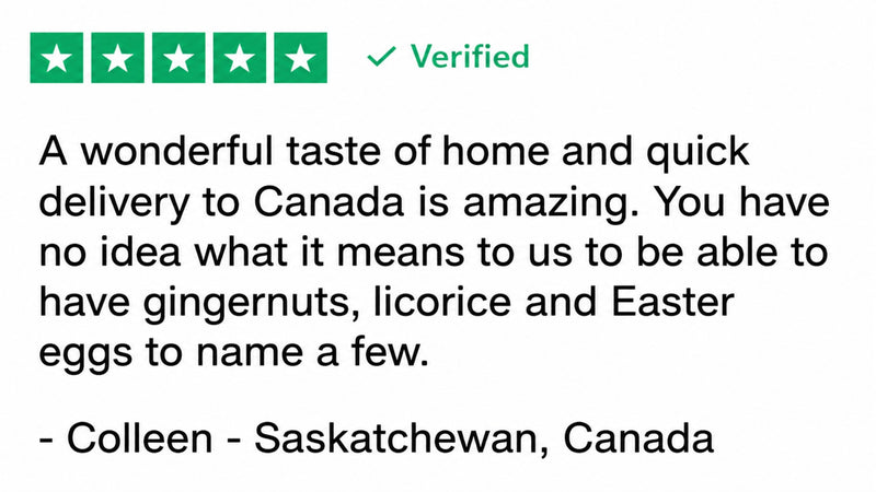 A verified customer review with a 5-star rating icon and a green checkmark, showing a positive comment about gingerlens, licorice, and Easter eggs, signed by Colleen in Saskatchewan, Canada.