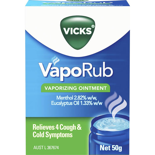 Vicks VapoRub Vaporizing Ointment 50g box, featuring blue and green packaging with the Vicks logo and product details.