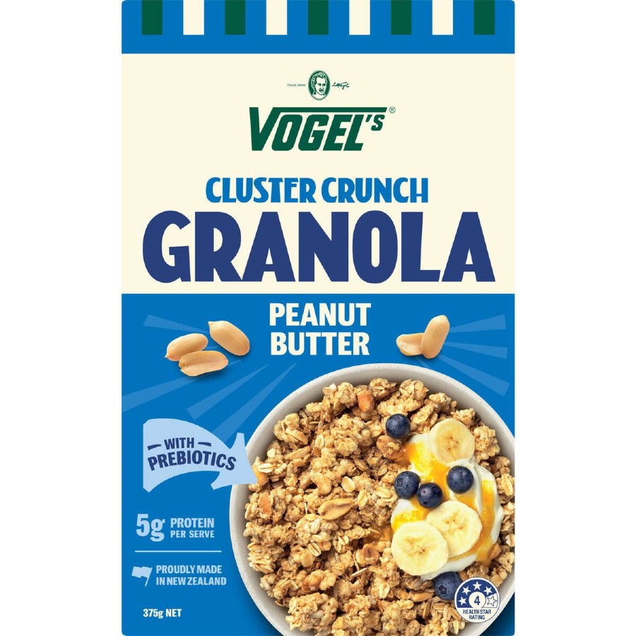 Vogels Cluster Crunch Granola Peanut Butter 375g bag of oven toasted New Zealand breakfast cereal clusters with peanut pieces and seeds