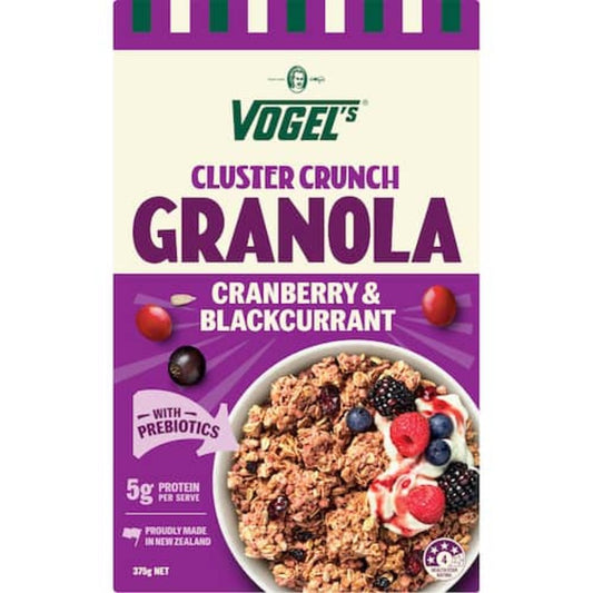 Vogels Delightful Granola Raspberry and Blackcurrant 400g bag of crunchy New Zealand breakfast cereal with freeze-dried berries