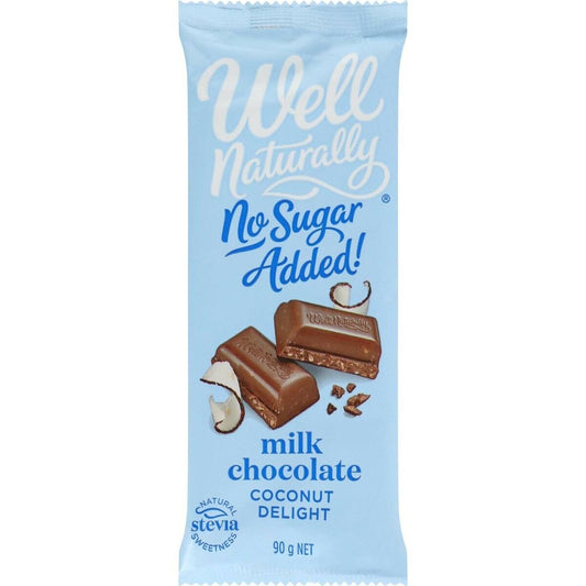 Well Naturally No Sugar Added Coconut Delight milk chocolate bar 90g with toasted coconut flakes.