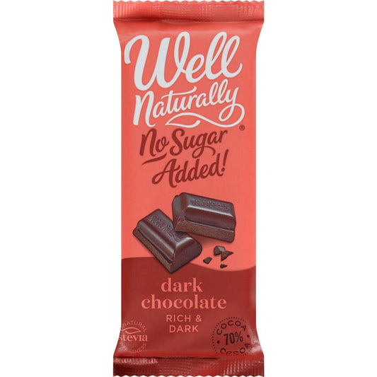 Well Naturally No Sugar Added Rich Dark Chocolate bar 90g with 70 percent cocoa for a healthy keto friendly snack.
