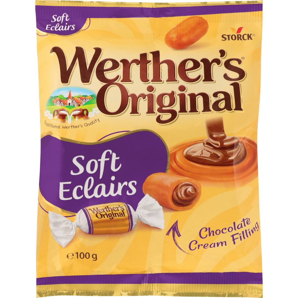 Werthers Original Eclairs 100g bag of soft caramel toffees filled with rich chocolate cream