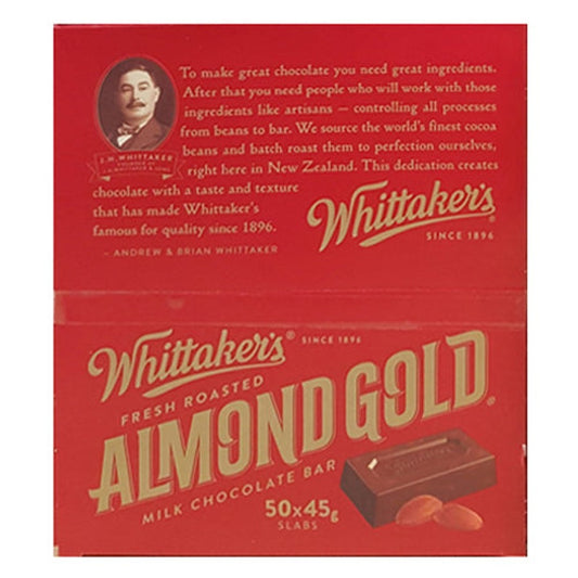 Whittakers Almond Gold Chocolate Slab 45g box containing 50 individually wrapped New Zealand milk chocolate bars with roasted almonds for international delivery
