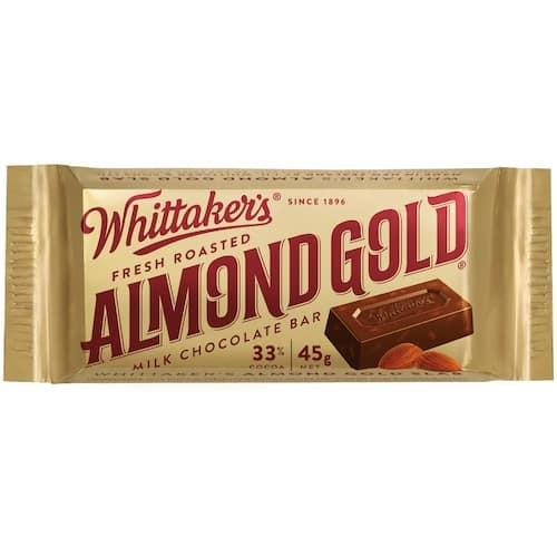 Whittakers Almond Gold Chocolate Slab 45g bar containing premium New Zealand milk chocolate loaded with crunchy roasted almonds for international delivery
