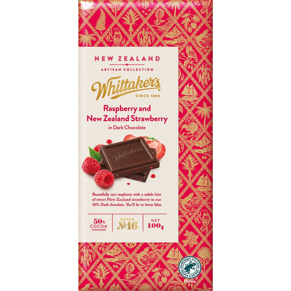 Whittaker's Artisan Collection Raspberry and New Zealand Strawberry in 62 percent cocoa dark chocolate 100g block.