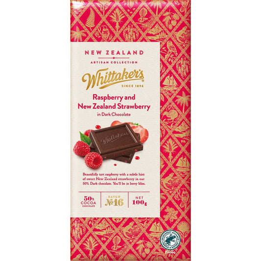 Whittaker's Artisan Collection Raspberry and New Zealand Strawberry in 62 percent cocoa dark chocolate 100g block.