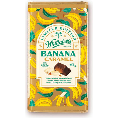 Whittaker’s Banana Caramel Milk Chocolate 250g block featuring creamy milk chocolate with a smooth banana infused caramel center.