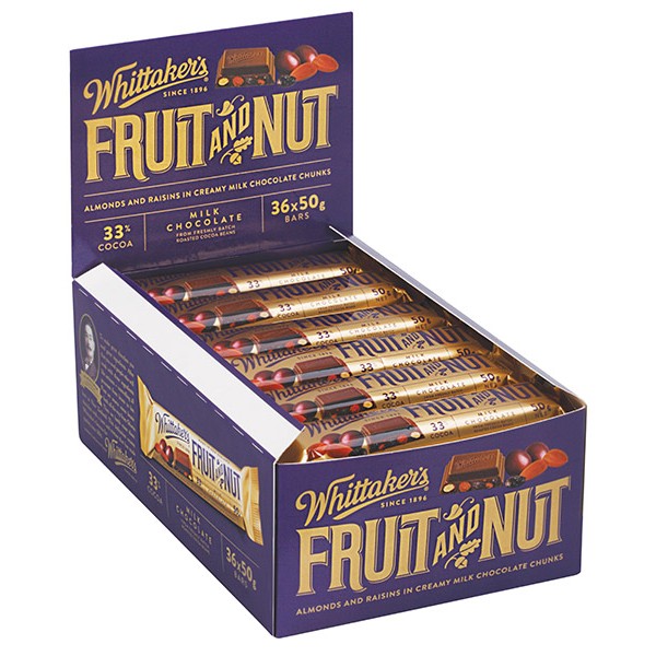 Whittakers Chunky Fruit and Nut Chocolate 50g box containing 36 individually wrapped milk chocolate bars with raisins and roasted peanuts for international delivery
