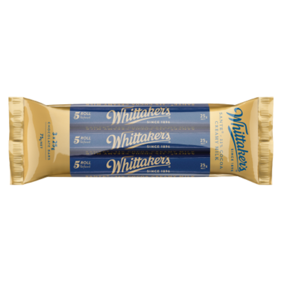 Whittaker’s Creamy Milk Chocolate Sante bars in a 3 pack 75g wrap featuring 33 percent cocoa milk chocolate made in New Zealand.