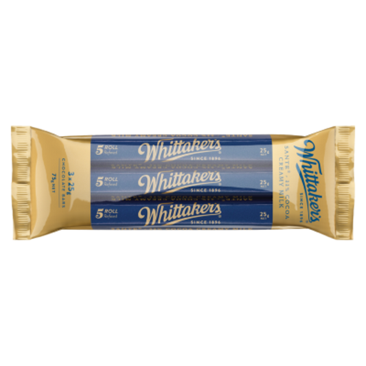 Whittaker’s Creamy Milk Chocolate Sante bars in a 3 pack 75g wrap featuring 33 percent cocoa milk chocolate made in New Zealand.