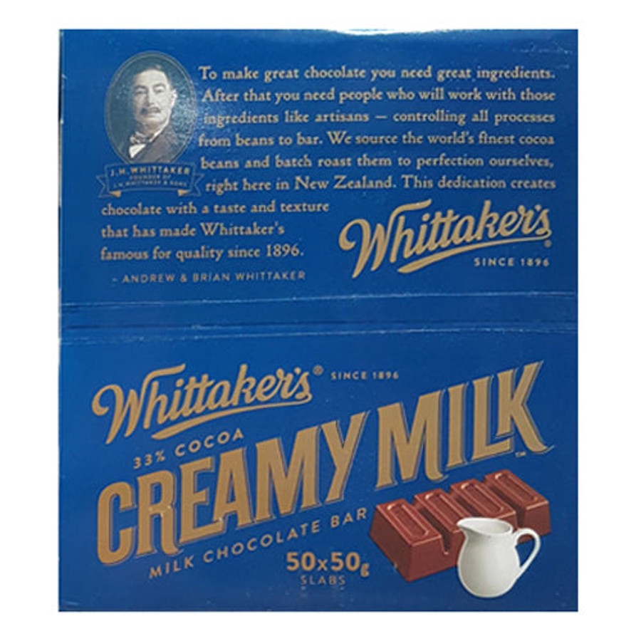 Whittakers Creamy Chocolate Slab 50g wholesale box containing 50 individually wrapped snack size New Zealand milk chocolate bars for international delivery
