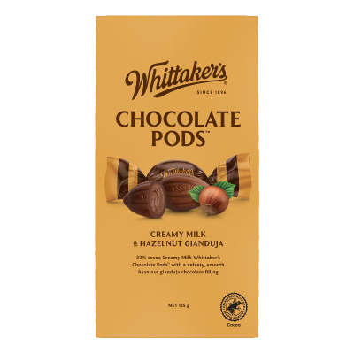 Whittakers Chocolate Hazelnut Gianduja Pods 125g bag featuring bite-sized New Zealand milk chocolate treats shaped like cocoa pods for international delivery