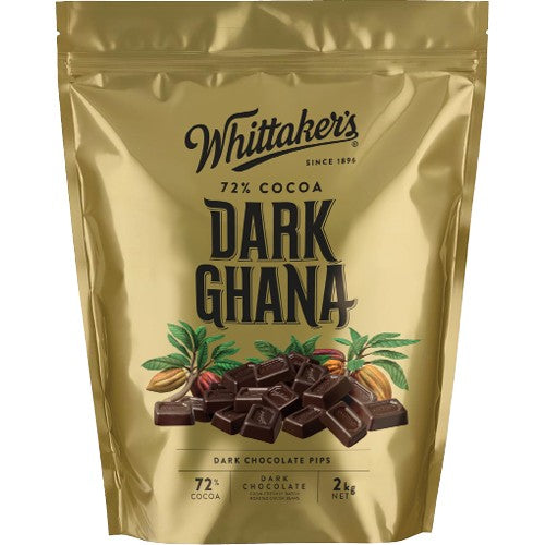 Whittakers Dark Ghana Chocolate Pips 2kg bulk bag containing premium 72 percent cacao New Zealand dark chocolate baking chips for international delivery
