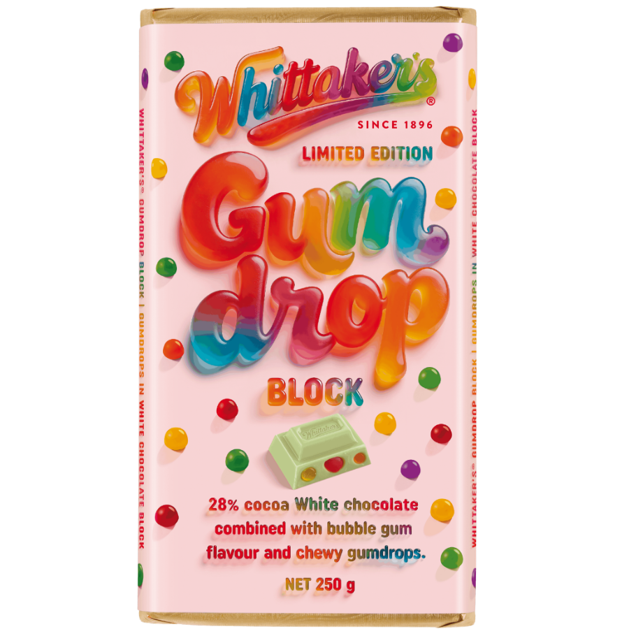 Whittaker’s Limited Edition Gumdrop white chocolate block 250g in iconic gold packaging featuring bubblegum flavor and colorful chewy gumdrops.
