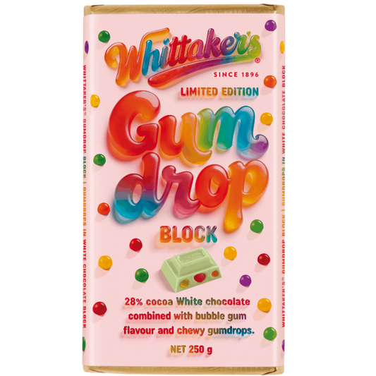 Whittaker’s Limited Edition Gumdrop white chocolate block 250g in iconic gold packaging featuring bubblegum flavor and colorful chewy gumdrops.