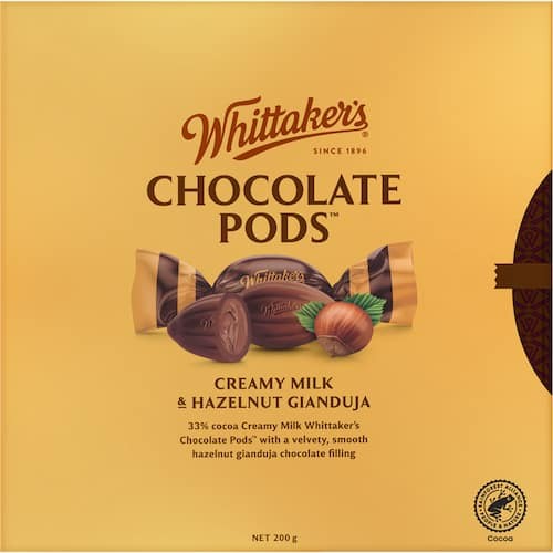 Whittakers Chocolate Hazelnut Gianduja Pods 200g bag featuring bite-sized New Zealand milk chocolate treats shaped like cocoa pods for international delivery
