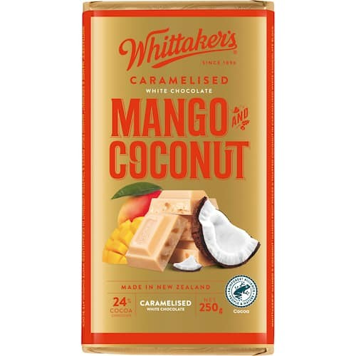 Whittaker’s Mango and Coconut Chocolate Block 250g featuring caramelised white chocolate with real mango fruit pieces and toasted coconut.